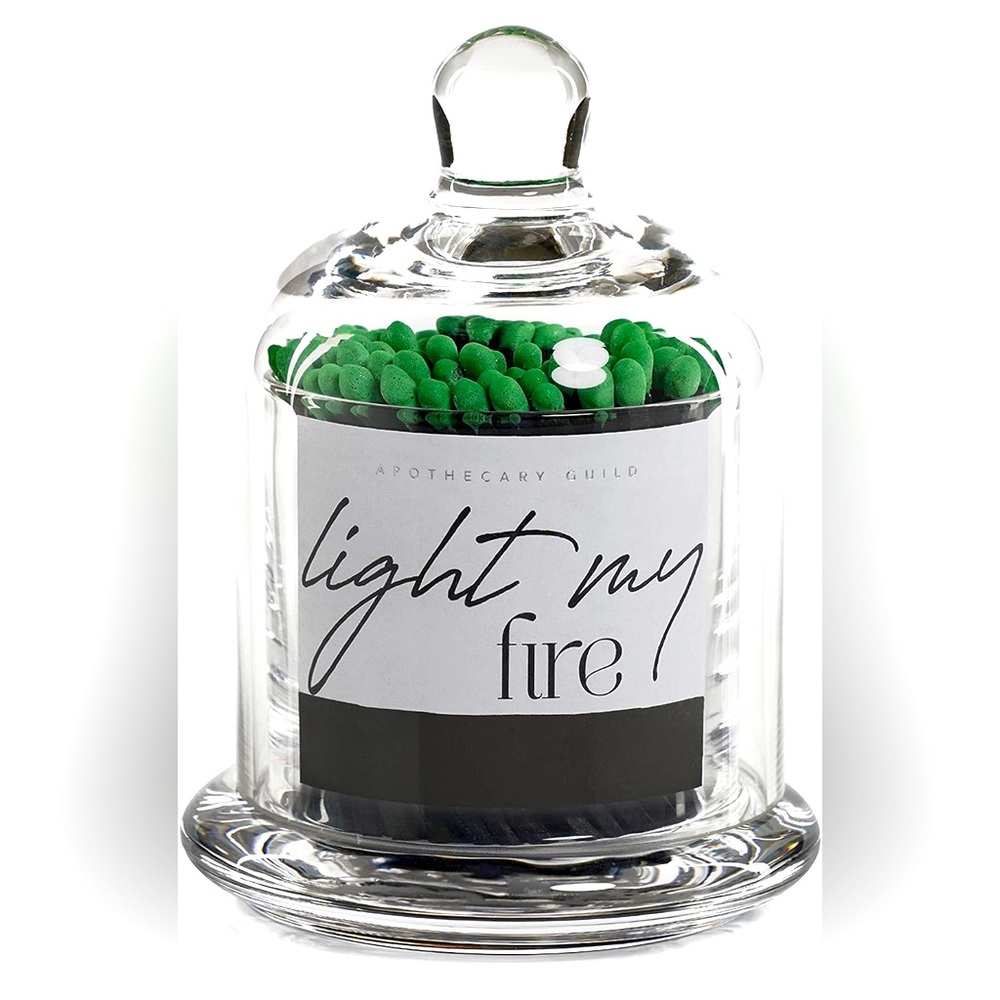 Zodax “Light my fire” matches with Green tip in glass dome container display
